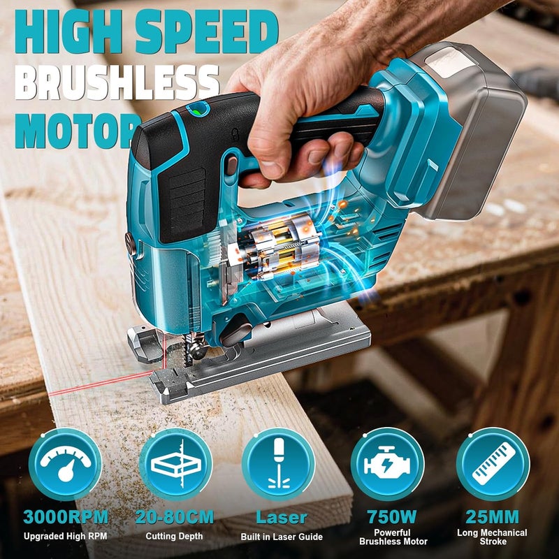 Cerycose Jig Saw Compatible with Makita 18V Battery, Laser Guide Cordless Jigsaw Tool, Brushless Motor, Variable Speed, 45° Bevel Angle Cut, LED Light, 3 Orbital Sets, 6PCS Blades (No Battery) - Image 3